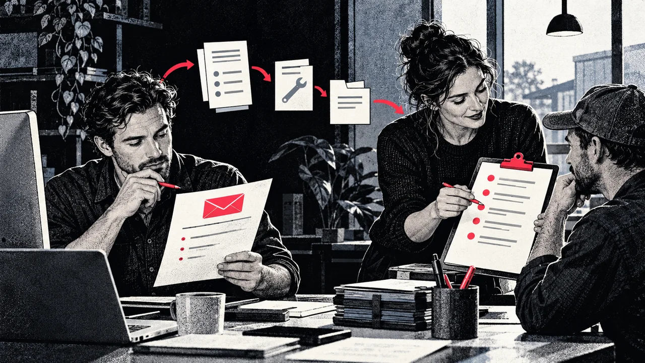 Three team members review an enquiry and a clipboard brief, connected by illustrated document and tool symbols.