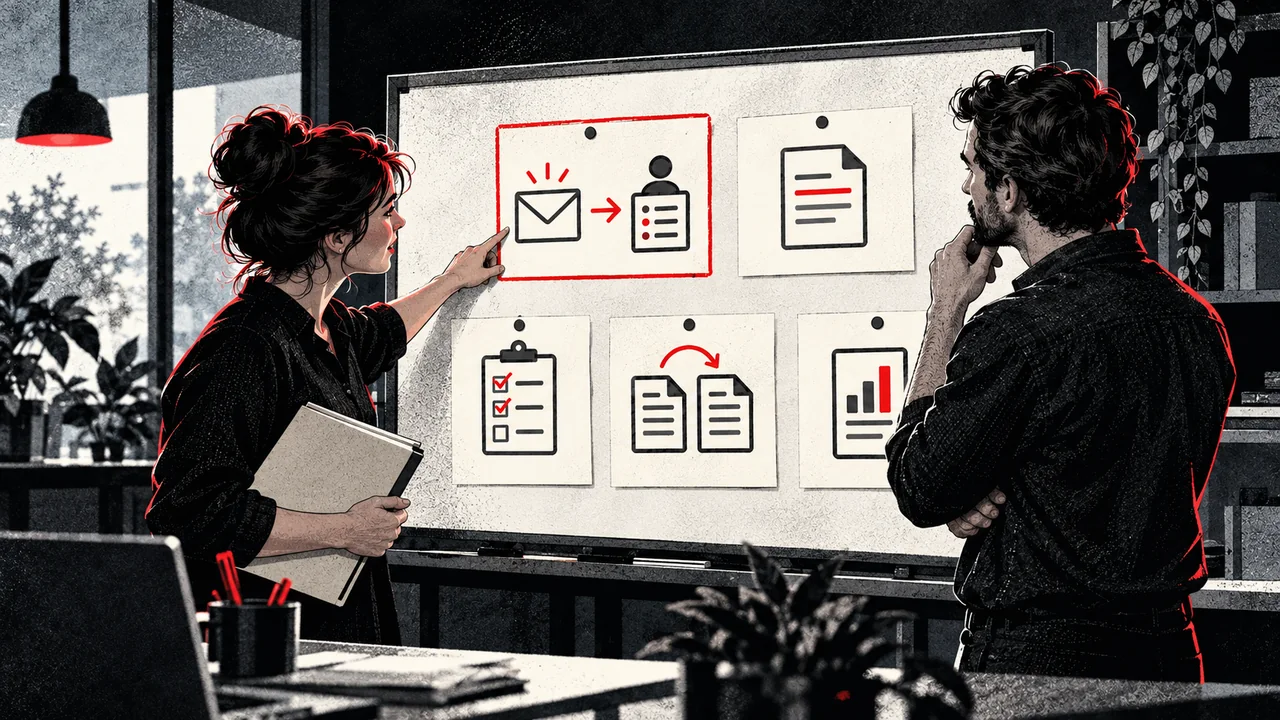 Two colleagues compare five task cards on a planning board, with an enquiry-to-record handover outlined in red.