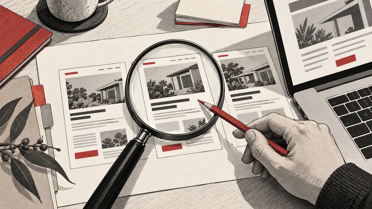 An editorial illustration of a magnifying glass over a service-page layout, with a hand checking page cards beside a laptop.