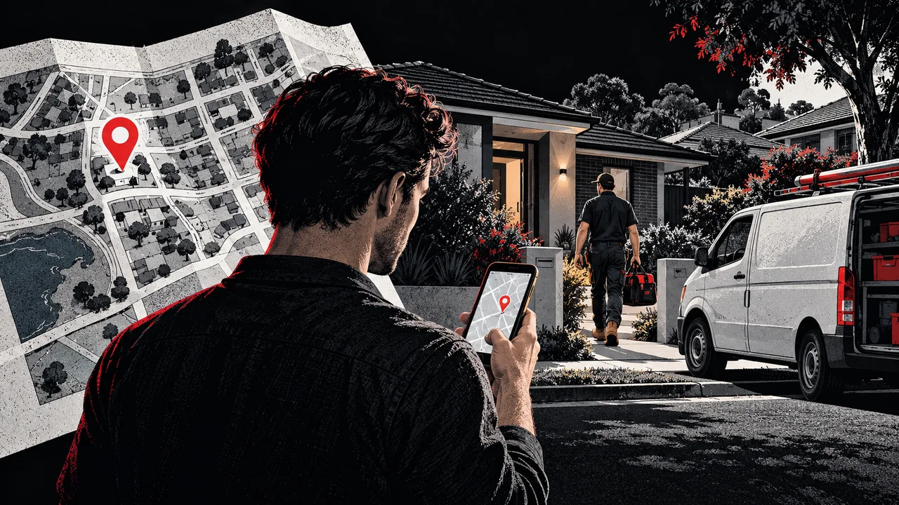 Editorial illustration of a person checking a local map on a phone as a tradesperson approaches a home beside a work van.