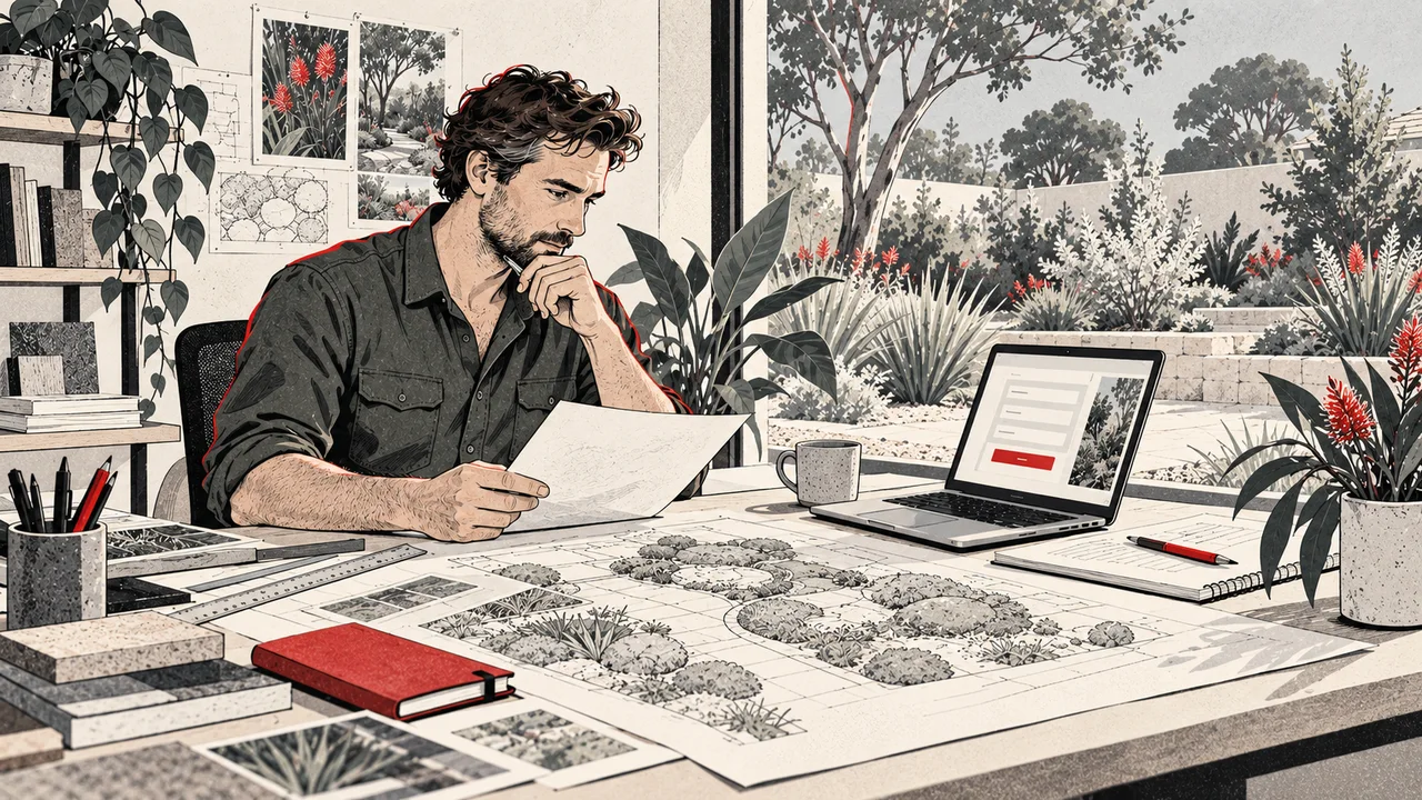 An illustrated landscaping business owner reviews a project brief beside a laptop and garden plan in a bright studio.