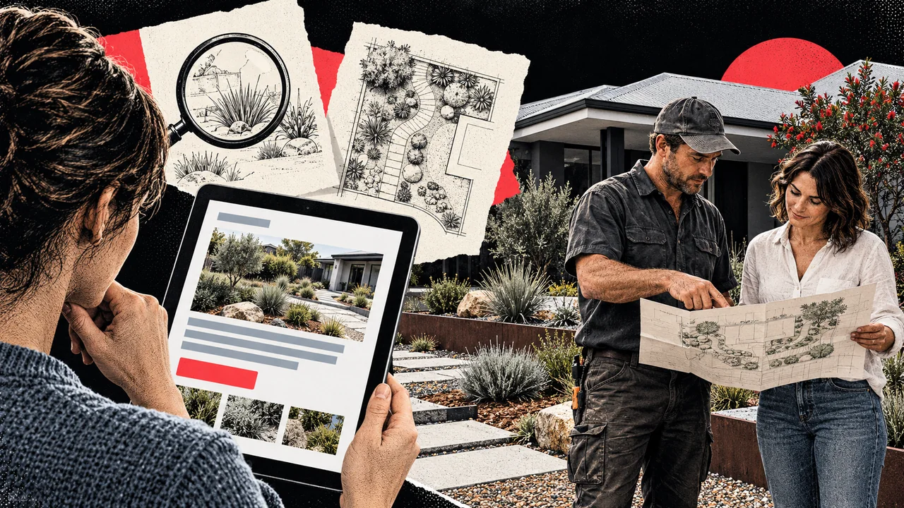A person reviews landscaping information on a tablet while a landscaper and homeowner study a garden plan.