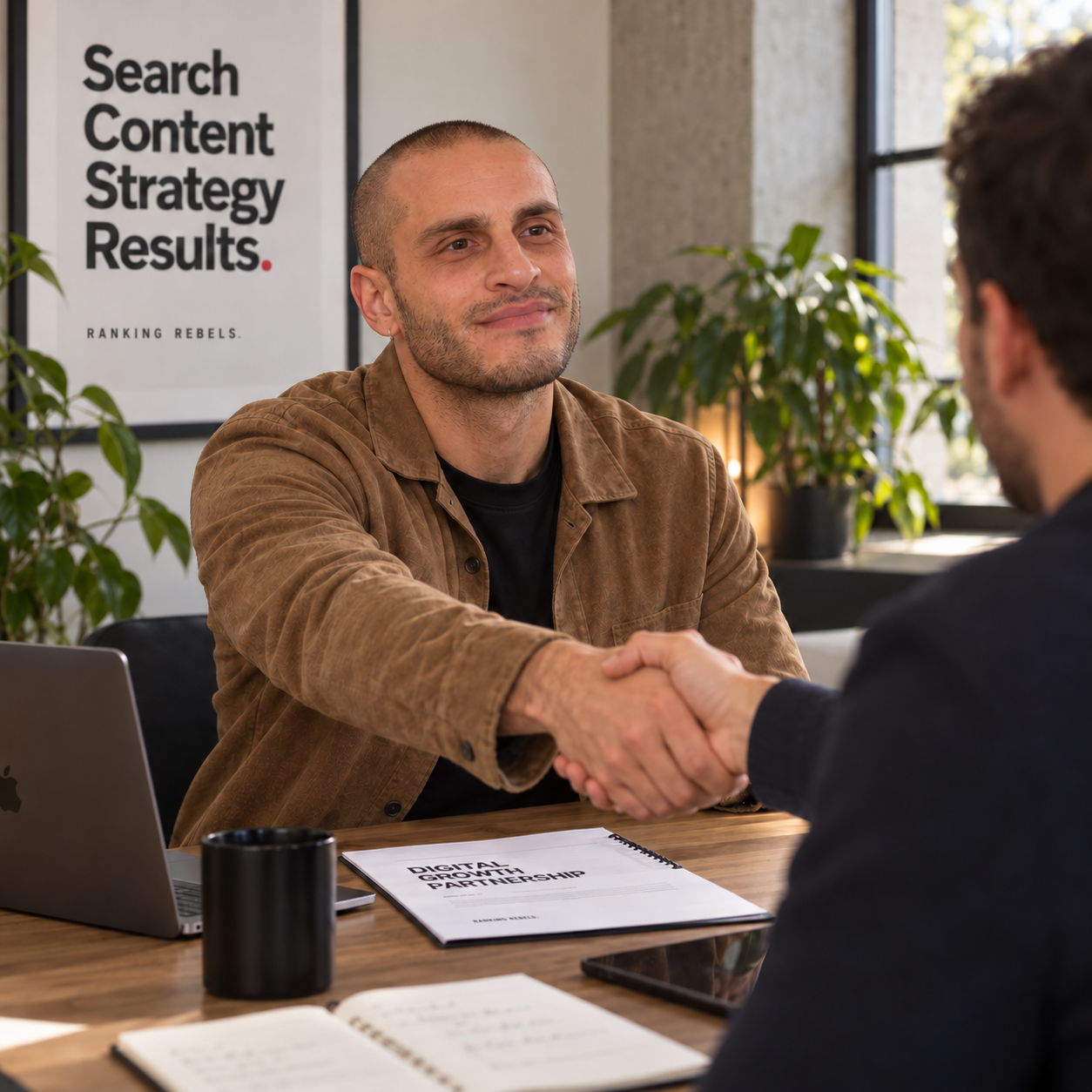A Ranking Rebels strategist shaking hands with a client during a partnership meeting