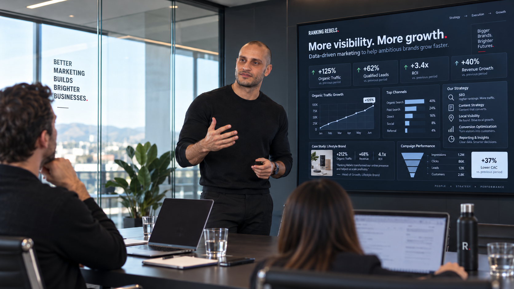 A Ranking Rebels strategist presenting marketing growth results to a client team